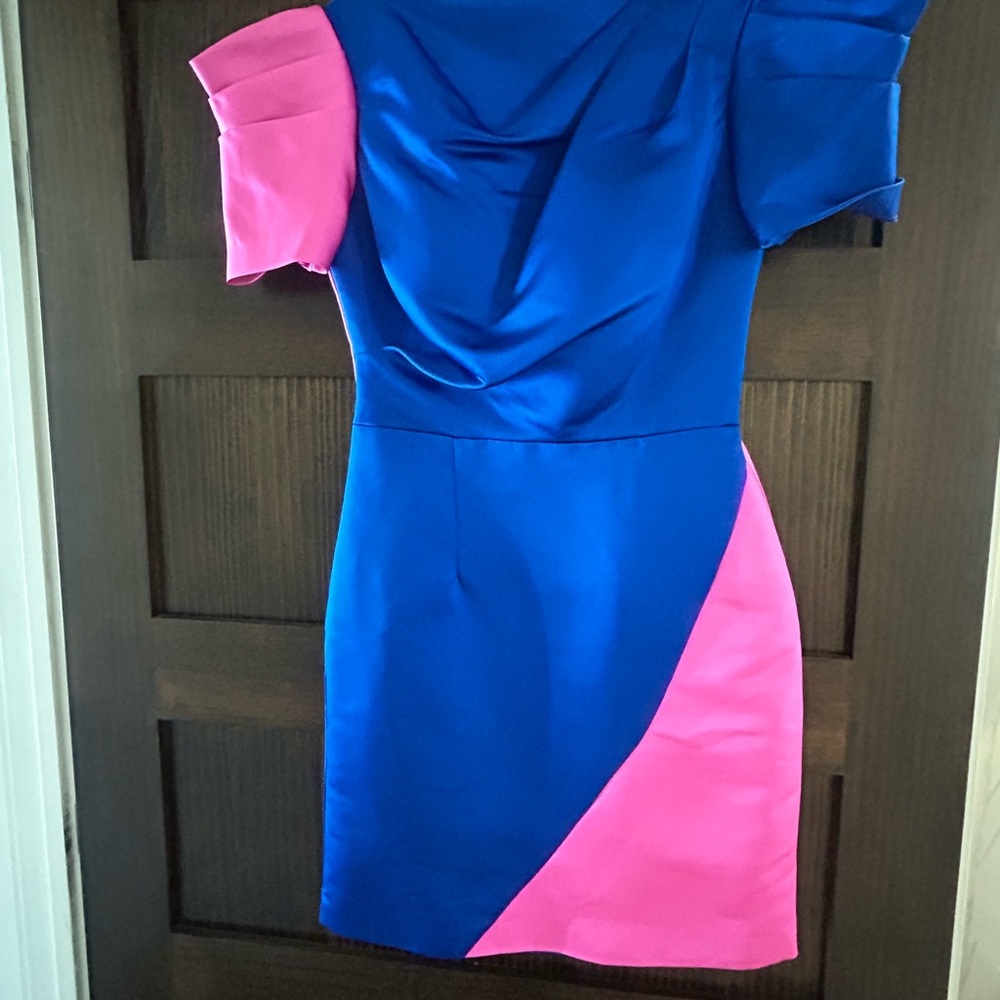 Colorblock One-Shoulder Blue and Pink Cocktail Dress
